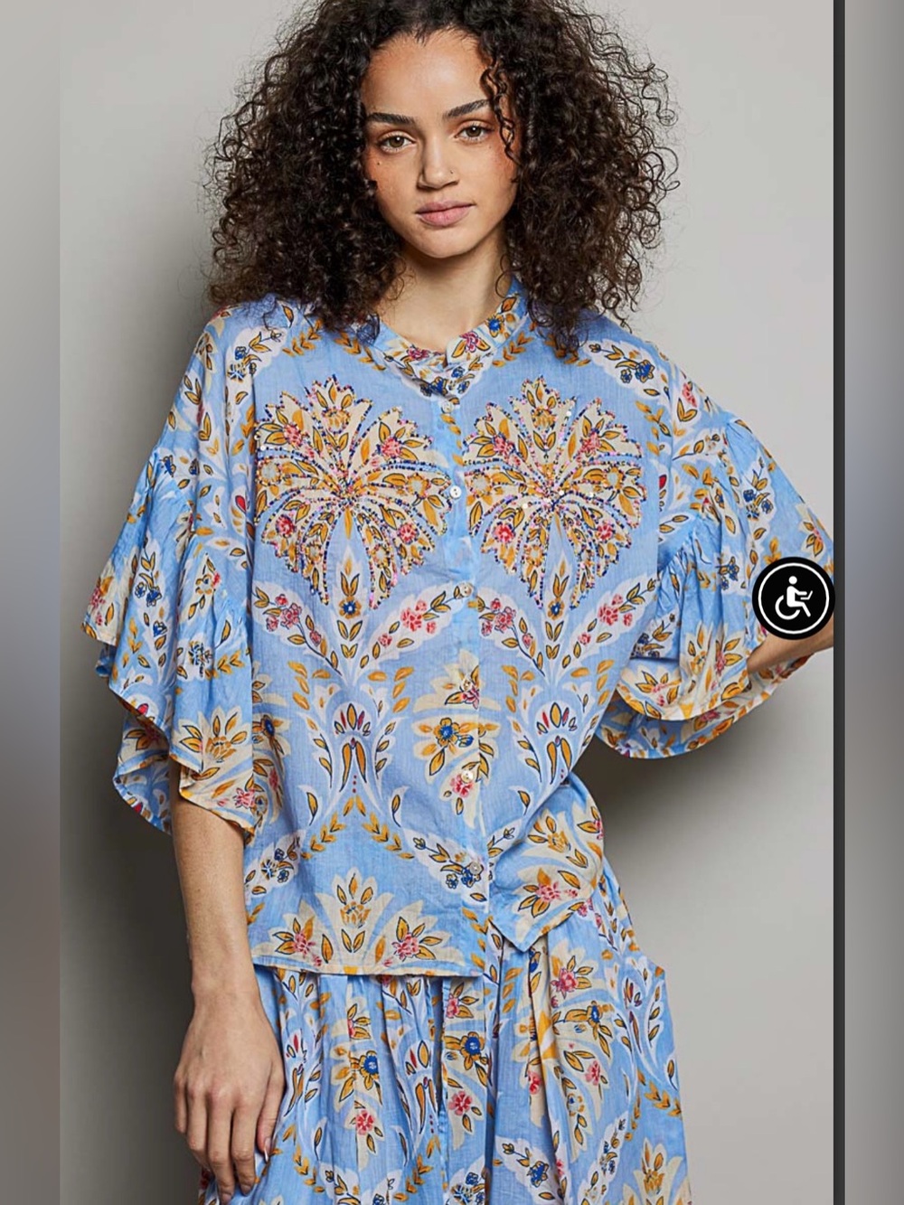 203. BRAND NEW POL Sky Blue Floral Flutter Sleeve Tunic